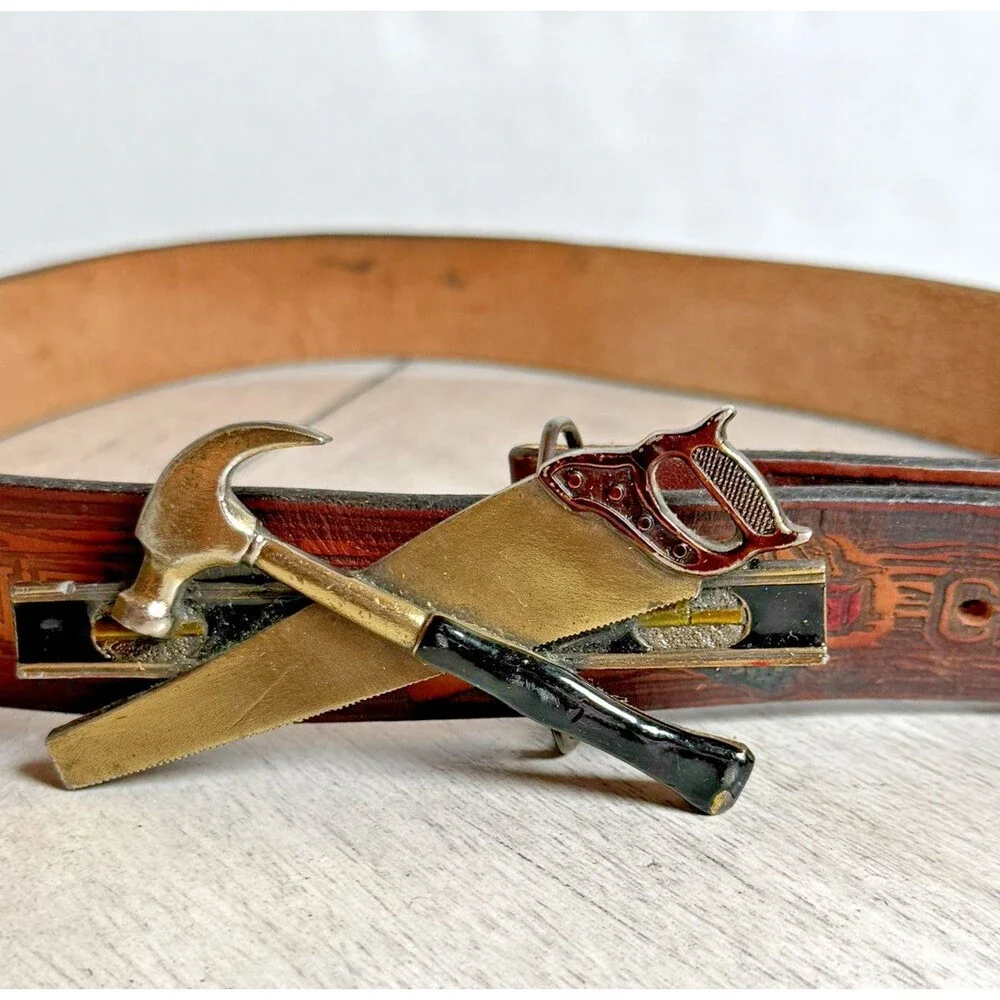1981 Great American Buckle Co Carpenter Hammer Saw Level Belt Buckle 41” VTG